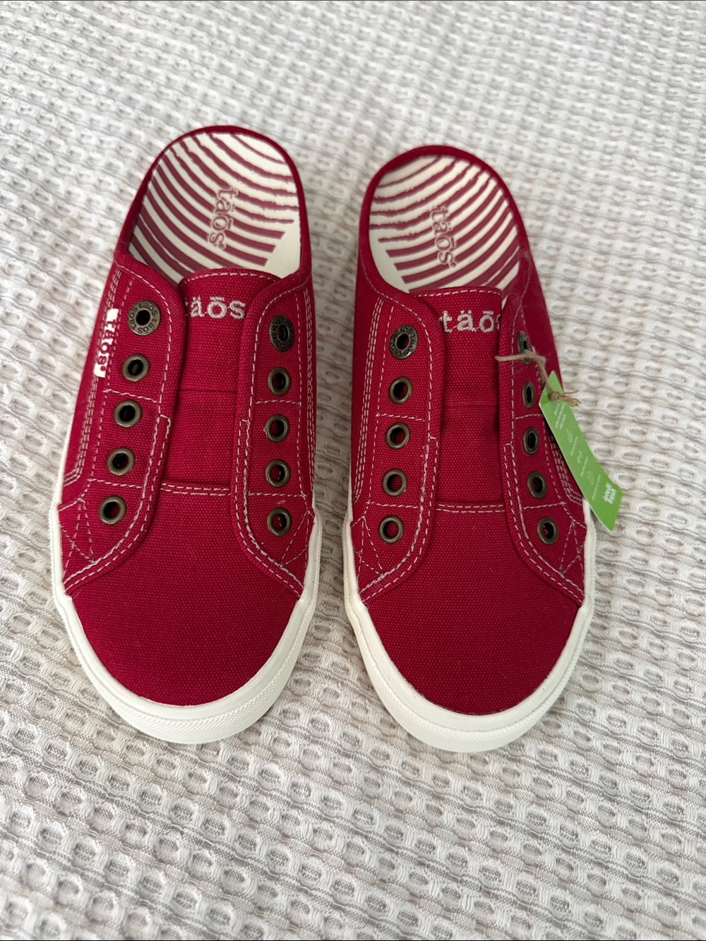 Taos Footwear Women’s Slip-On Canvas Sneakers in Red with White Trim
